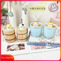 animal mug with lid spoon ceramic mug couple household japanese birthday gift coffee cup water cup cat and dog cute mug tea cup