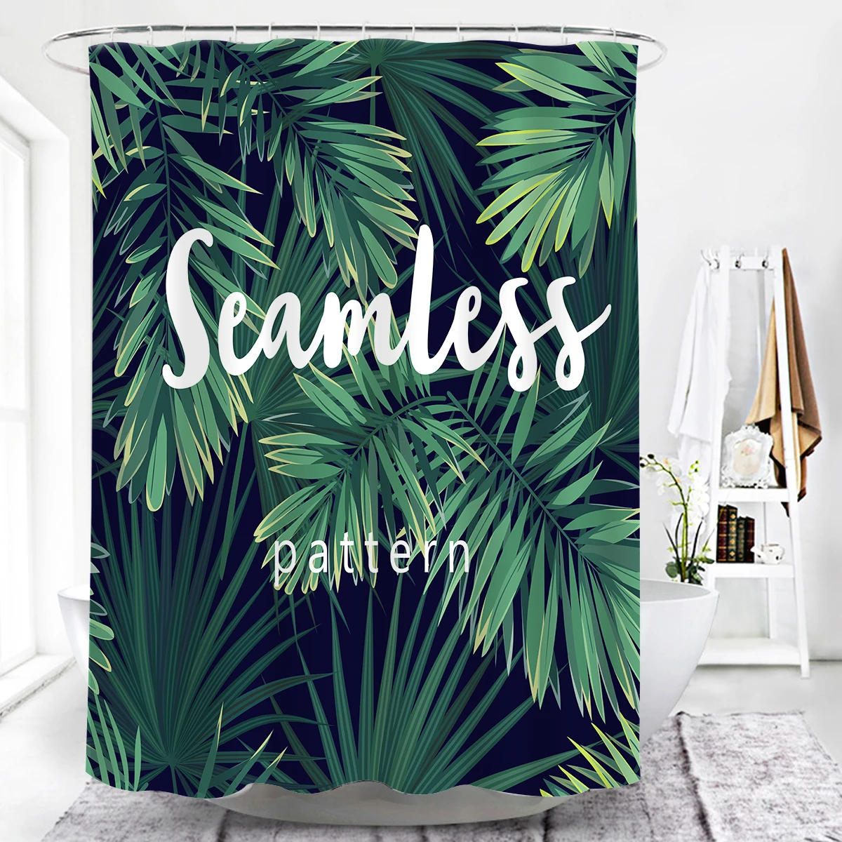 

Idyllic Natural Green Leaf 3D Fabric Villa with Shower with 12 Hooks Waterproof Polyester Fabric Shower Curtain