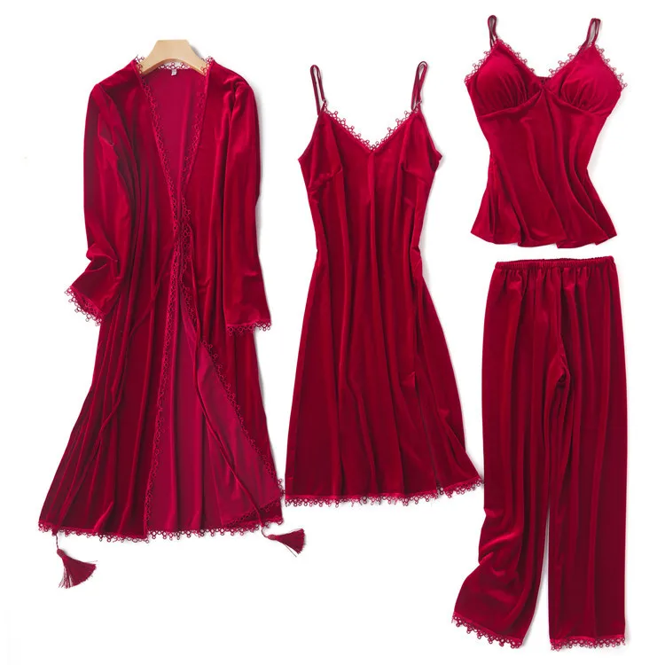 wine red Новая Осенняя Золотая Бархатная пижама из 4 предметов, сексуальная пижама для женщин, одежда для сна, зимняя розовая пижама, длинный женский ночной костюм, Fdfklak - Цвет: wine red