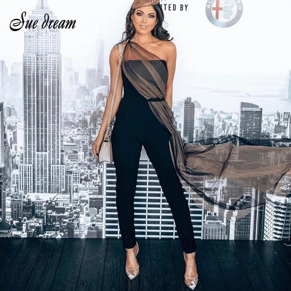 Высокое качество Весна 2020 Новый женский черный на одно плечо Длинный сетчатый