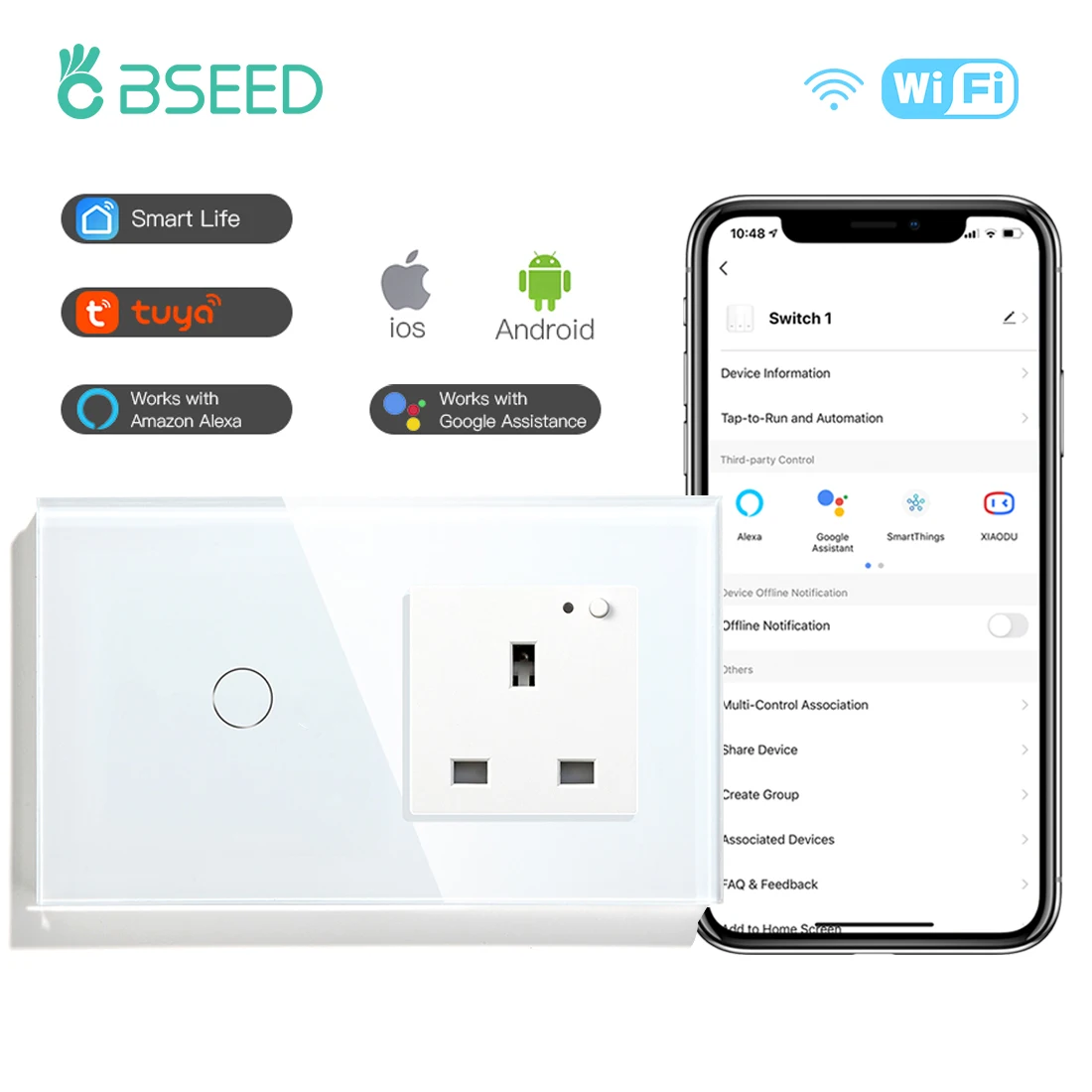 

BSEED Wi-Fi выключатель света сенсорный настенный выключатель розетки Smart Великобритании стандартный переключатель кристалл стеклянная панель...