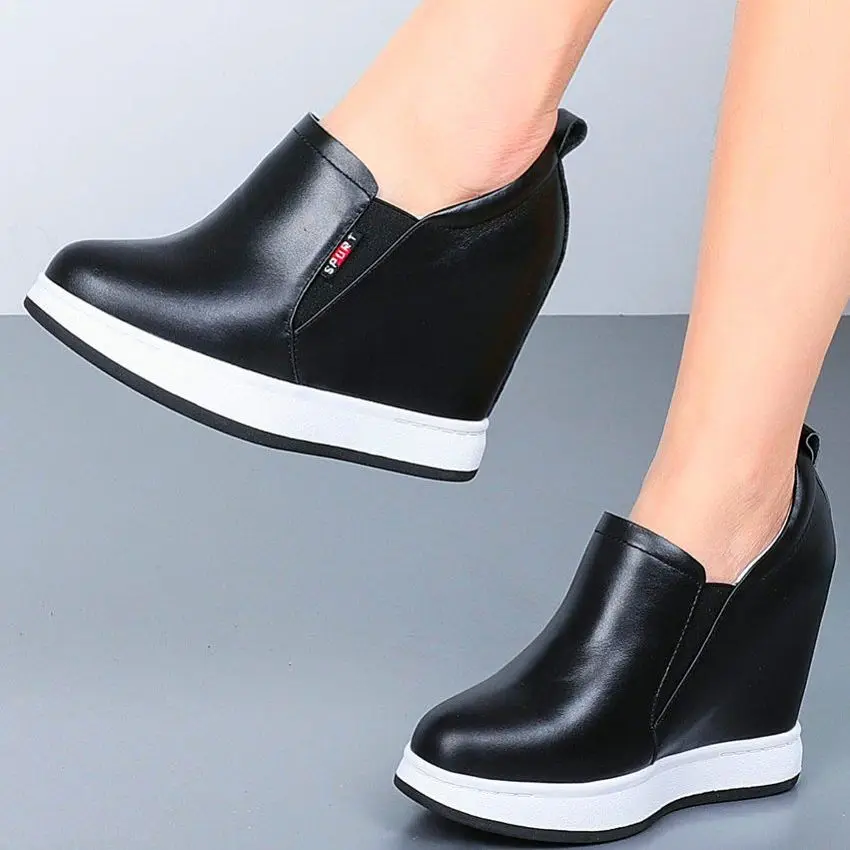 

Goth Fashion Sneakers Women's Cow Leather Round Toe Ankle Boots Platform Wedge High Heel Chunky Oxfords Casual Shoes
