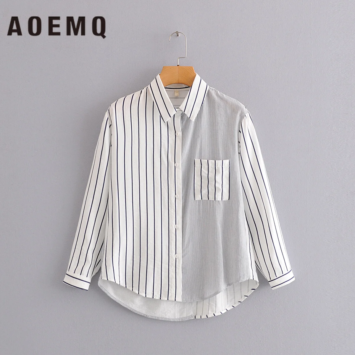 AOEMQ модная повседневная рубашка из полиэстера женская блузка в полоску с длинным