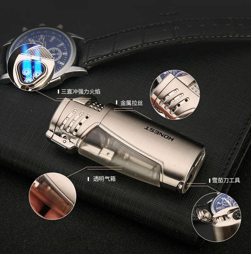 Новинка модная честная зажигалка с тремя прямыми синими огнями Бутановая