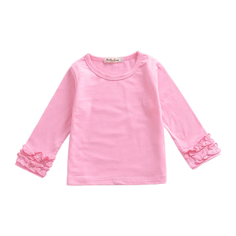 pink Детская одежда с длинными рукавами для девочек; сезон осень-зима; однотонные хлопковые рубашки с оборками; топ с манжетами; одежда для малышей - Цвет: pink
