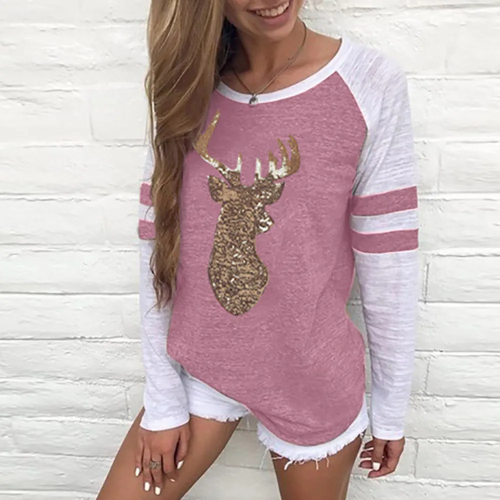 Женская рождественская Футболка с принтом лося размера плюс рождественские топы