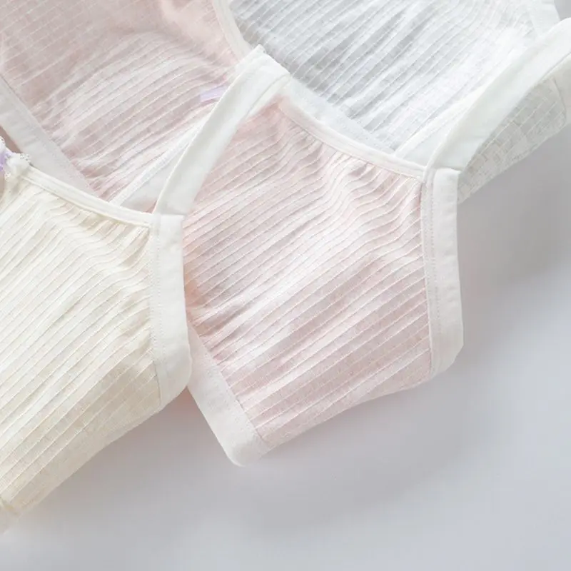 

Puberty Girls Camis Crop Top Sweet Lace Bowknot Decor Training Bra Ribbed Striped Lightly Padded Cotton Underwear Candy Color Wi
