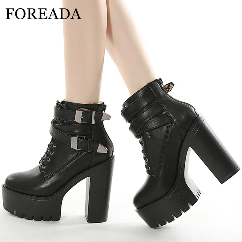 

Женские ботинки в стиле панк FOREADA, осенние черные ботильоны на платформе и толстом очень высоком каблуке, со шнуровкой и пряжкой, на молнии, 42