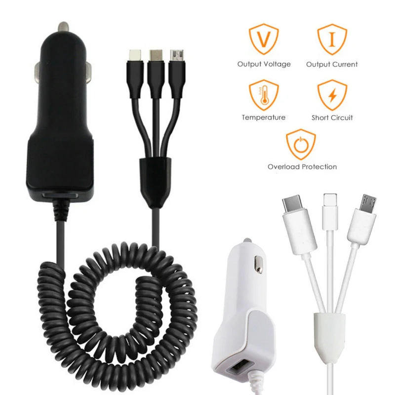 3 в 1 микро USB/type C/IOS быстрое автомобильное зарядное устройство адаптер для IPhone/Android