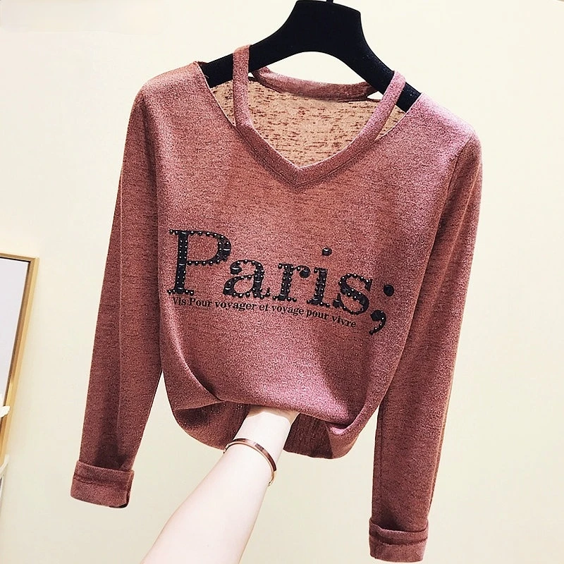 

Long Sleeve Beading Letter Tops Girl Tshirts V neck Vintage Women Clothing Korean Style Ladies T-Shirt Thin Casual Fashion 2021