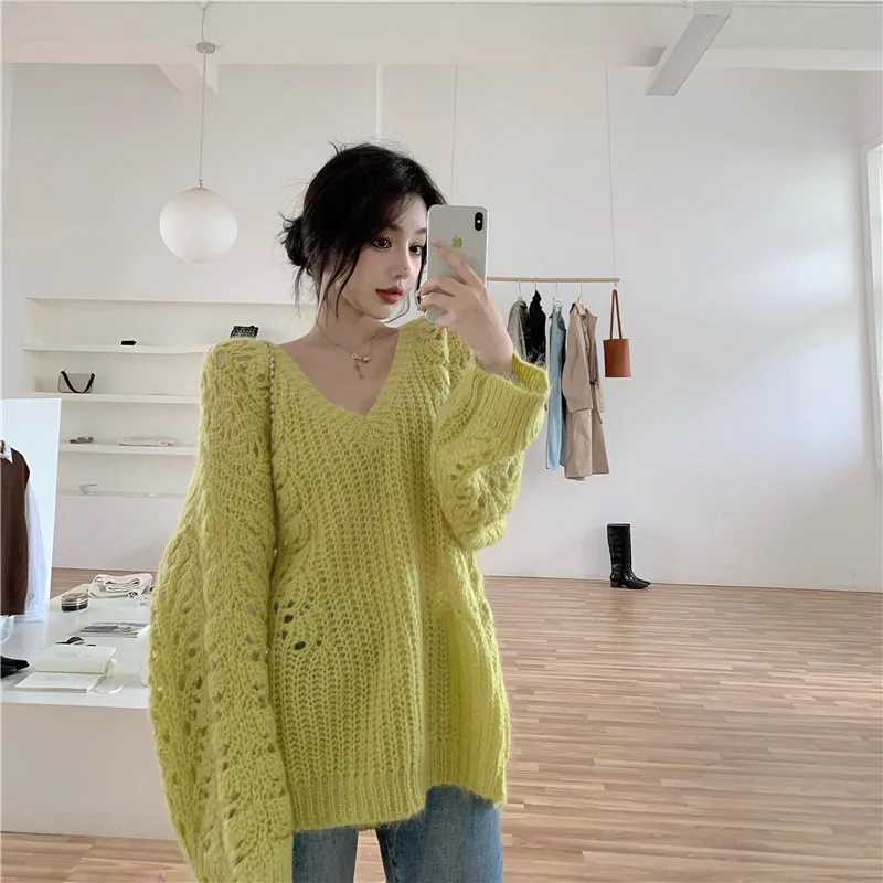 

Loose V-neck Pullovers Hollow Out Spring Autumn Knitted Women's Clothing Hipster Long Sleeve Plus Size Sweaters Korean Clothes