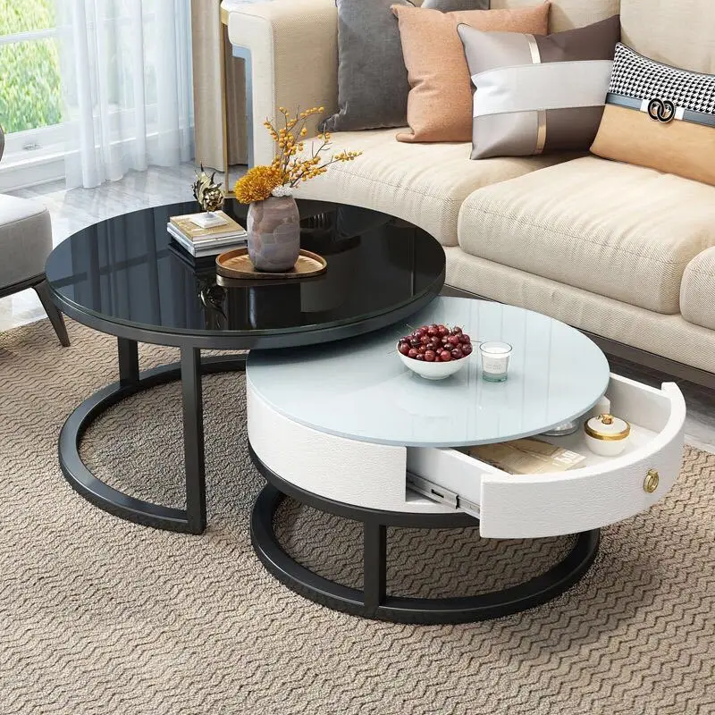 

Tempered Glass Round Coffee Table with Drawer for Living Room 2 in 1 Combination Cafe Table Easy Assembly Center Table Furniture