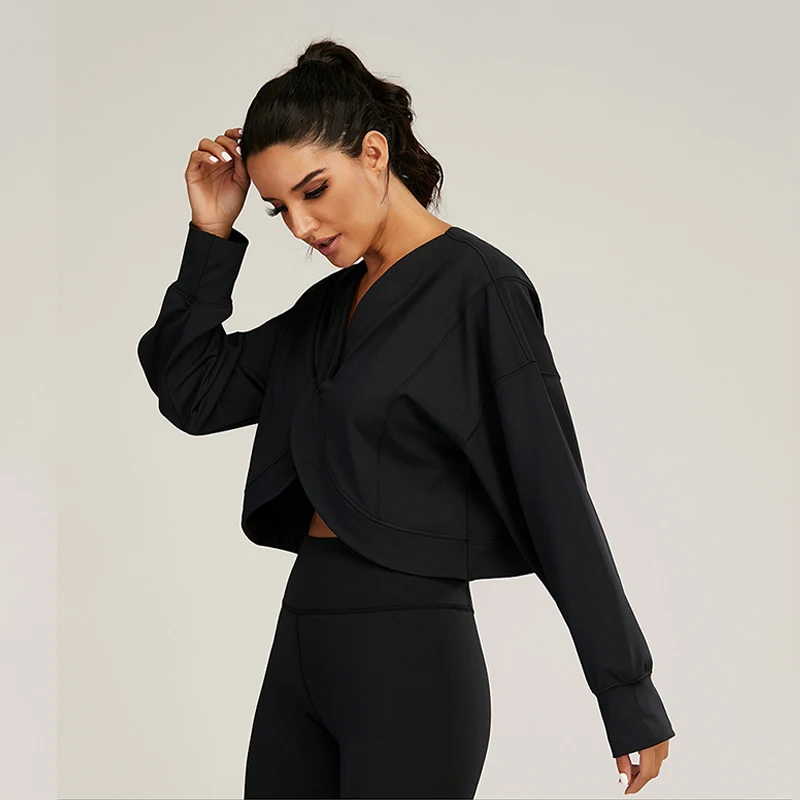

New Women Long Sleeve Sport Tops V-neck Pull Over Yoga Thirts Stylish Running Jogging Fitness Clothes Loose Sportwear For Female