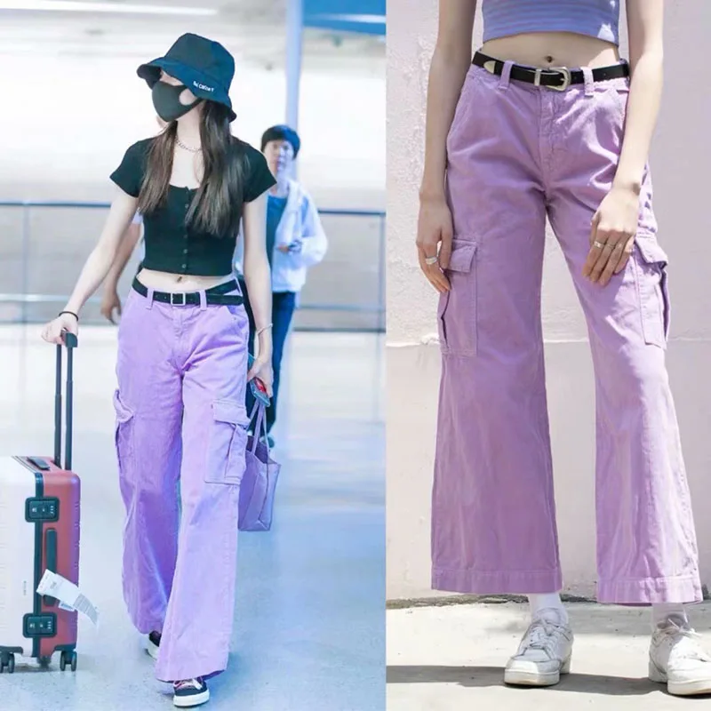 Фиолетовые вельветовые широкие брюки женские модные уличные зимние с карманами