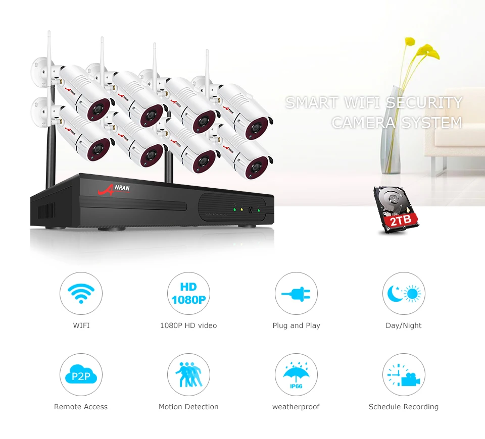 ANRAN 8 каналов 1080P HDMI WiFi NVR комплект 8 шт. 2MP Full HD 36IR светодиоды Открытый всепогодный CCTV камера системы беспроводной IP камера
