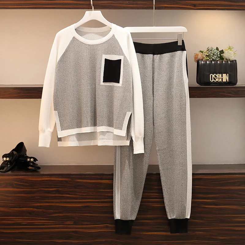 

Big Yards Couture Autumn Outfit New Sister Two Pcs Clothing Set Knitted Suits Sweater Trousers Knitwear Women Casual Outfit