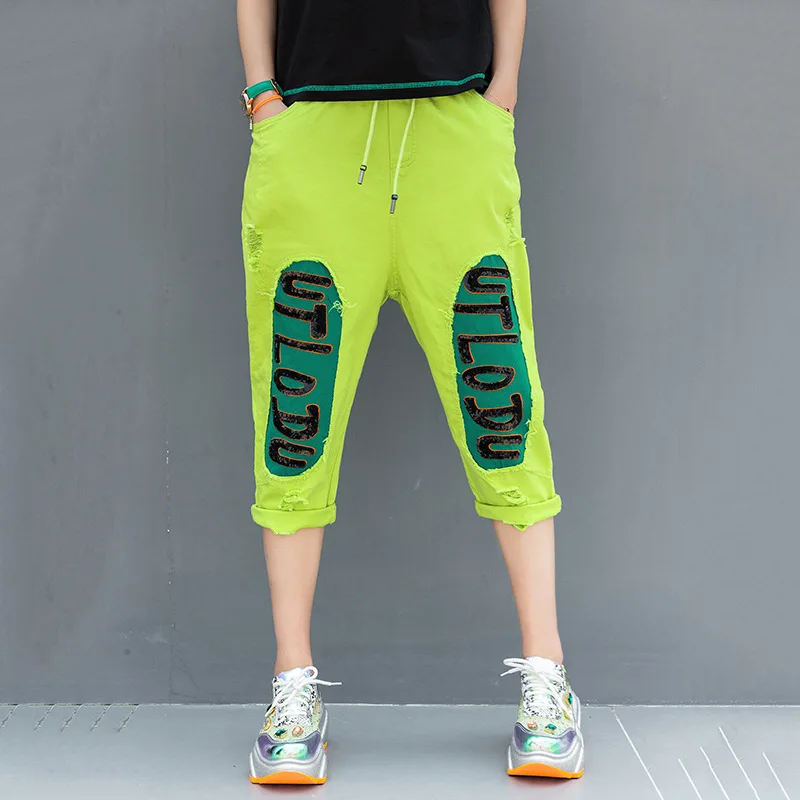 

Vefadisa Sequin Letter Calf-Length Pants Summer Hole Women Pants 2021 Drawstring Waist Elastic Cotton Straight Pants QYF2633