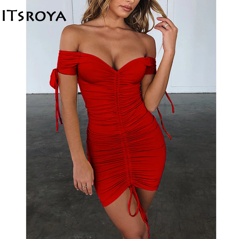 Пикантное однотонное женское платье Itsroya с открытыми плечами облегающее мини