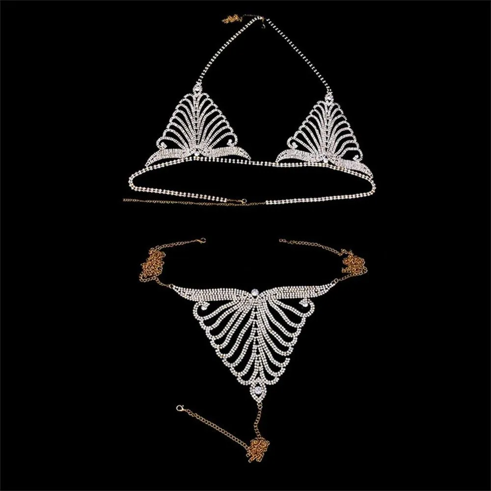 

2020 New Design Sexy Rhinestone Body Chain Bra Harness Panties Underwear Set for Women Luxury Crystal Bra and Thong Body Jewelry