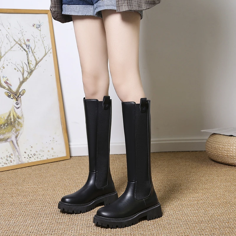 

Женские сапоги до середины икры, зимние мотоциклетные сапоги из натуральной кожи на платформе, на молнии