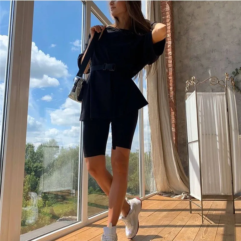 

Fashion white Women Sets With Belt Casual Solid Outfits Home Loose Leisure Suit Summer Women's Two Piece Suit