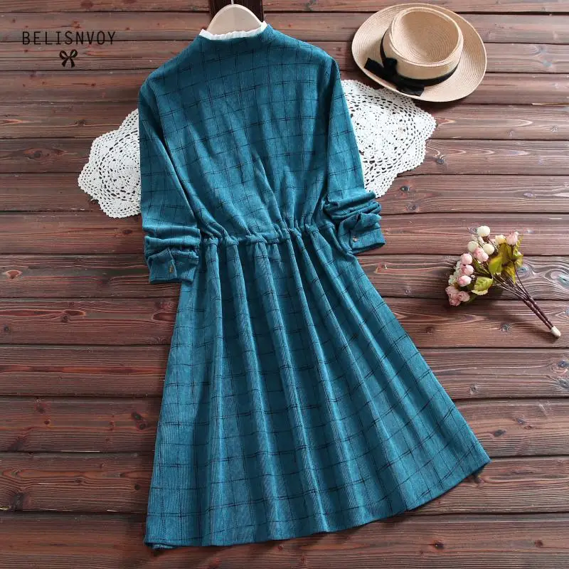 Женское вельветовое платье в клетку с длинным рукавом и оборками|Женские платья|