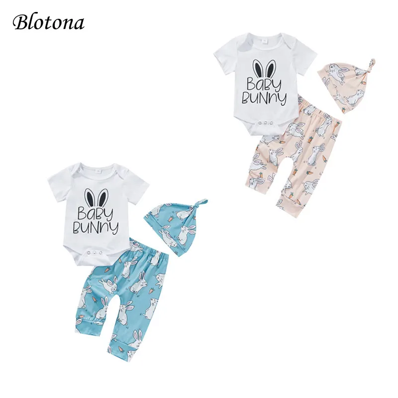 

Blotona Infant 3Pcs Easter Romper Suit, Letter Short Sleeve Snaps Romper, Bunny Printed Long Pants, Long Knot Beanie Hat 0-24M