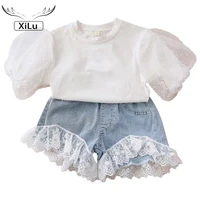 2021summer new girl suit female baby princess bubble sleeve top and lace stitching denim shorts suit girls outfits kids clothes