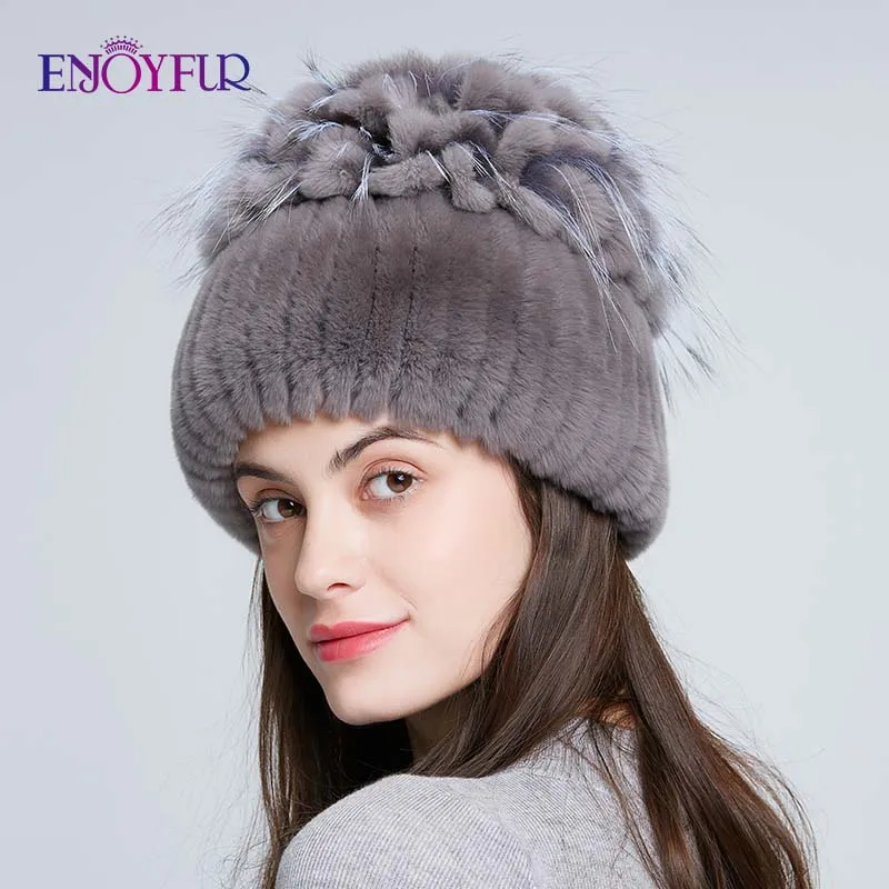 ENJOYFUR зимние шапки из меха кролика Рекс, на толстой подошве, женская теплая Cap top вязаная Цветочная форма русский женская меховая шапка - Цвет: 107