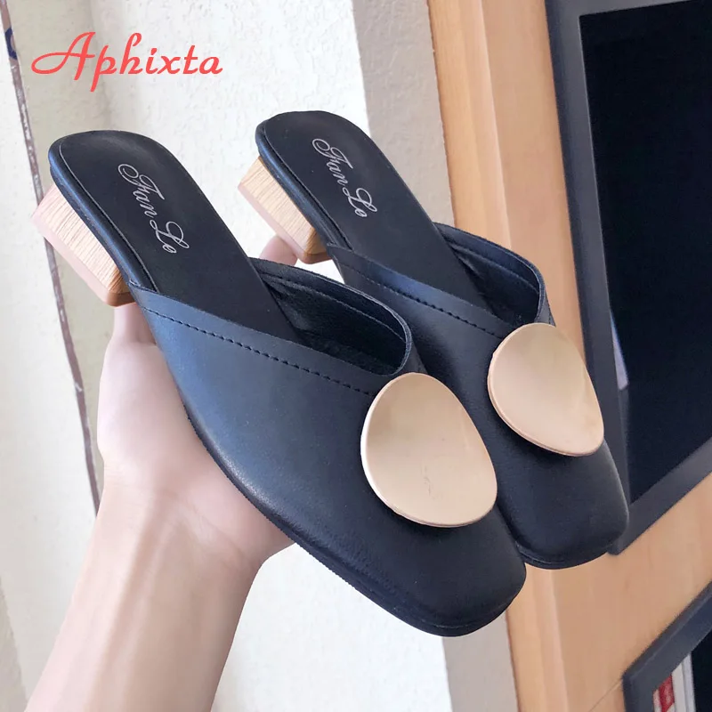 Aphixta/женские шлепанцы на квадратном каблуке; мягкая женская обувь с круглым металлическим квадратным носком; сезон лето-осень; большие размеры 43 - Цвет: Black