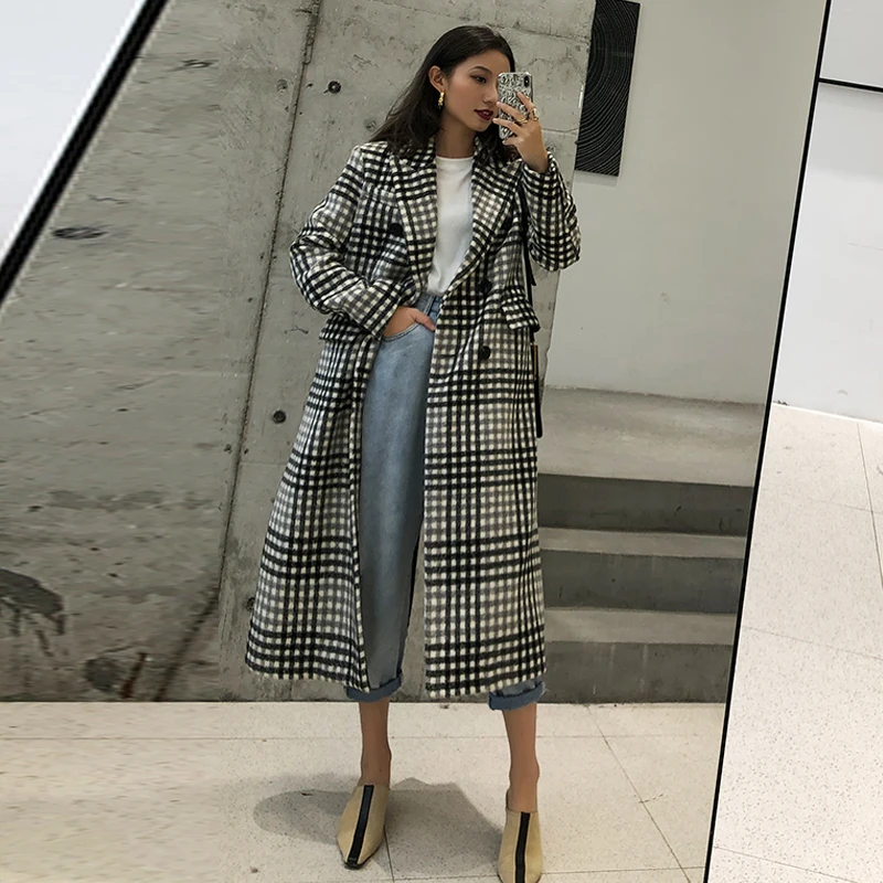 Женское длинное шерстяное пальто черно белое Свободное в клетку верхняя одежда