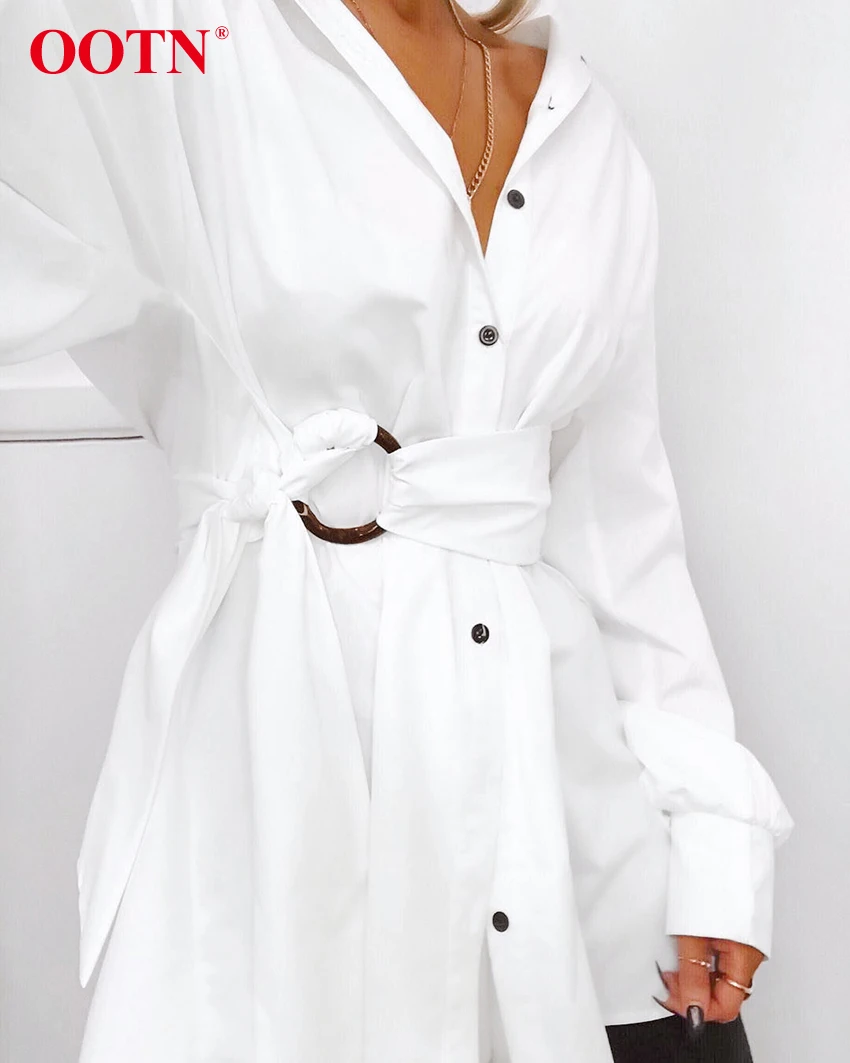 OOTN, отложной воротник, синяя туника, платье-рубашка, женское платье с длинным рукавом и поясом, офисное женское мини-платье, Осень-зима, повседневное белое платье