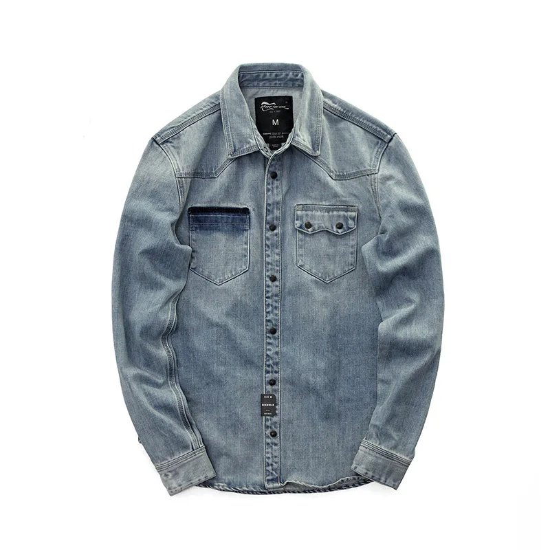 Джинсовая рубашка II50CS мужская с принтом винтажная блузка из денима приталенная