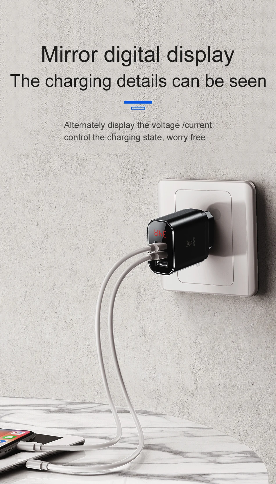 Зарядное устройство USB Baseus с цифровым дисплеем для samsung, Xiaomi, зарядное устройство для телефона, 3.4A, максимальное быстрое зарядное устройство для iPhone, зарядное устройство, адаптер