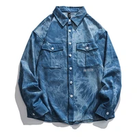 autumn personality letter embroidery shirts men black blue denim jackets long sleeve loose vintage tie dyed tops street clothing