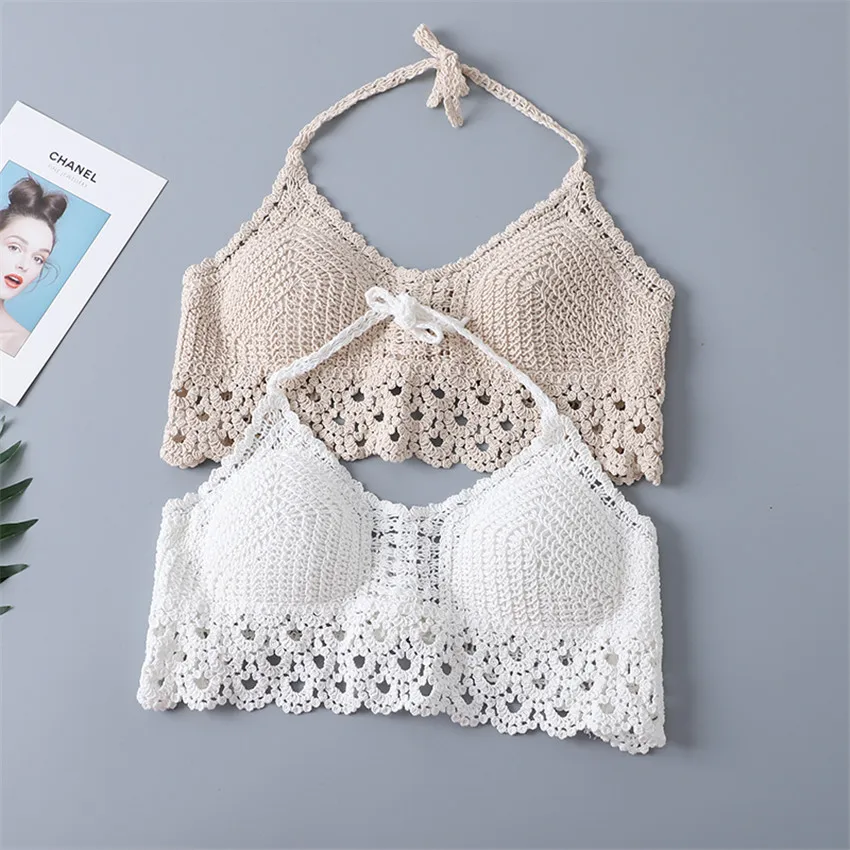 

2022 Women Summer Beach Boho Clothing Crochet Hollow Out Camis Tank Tops Padded Bra Tops Camisoles Bikini Bralette Halter Cami