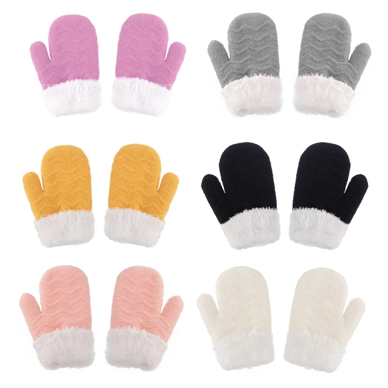 

67JC Winter Warm Baby Solid Color Earflap Hat Gloves Set Fur Ball Beanies Mitten Kit for Toddler Girls Boys Knitted Hat