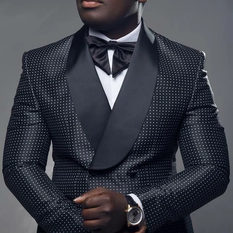 Мужские костюмы в черную клетку горошек с двубортным рядом пуговиц для свадьбы