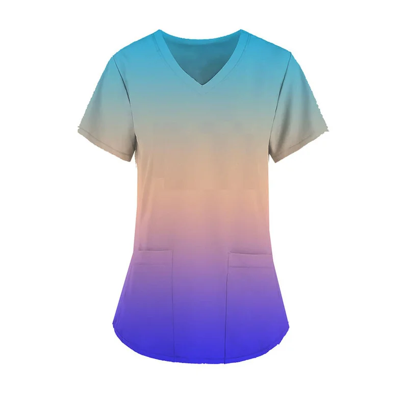 

Womens Gradient Nurse Outfit V-neck Short Sleeve Slim Summer Pocket Top T-shirt