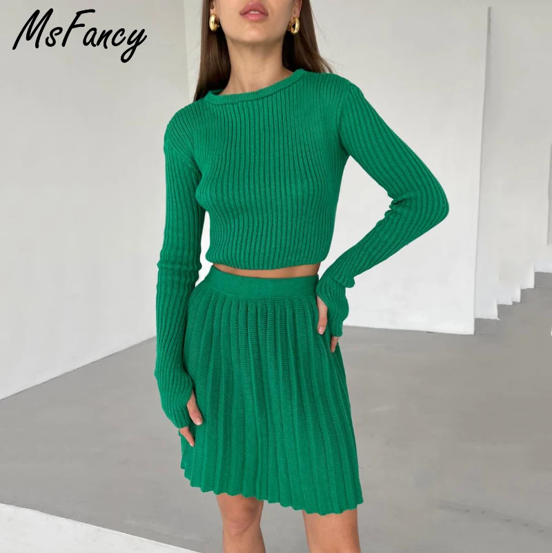 

Msfancy Knitted Skirt Sets Women Long Sleeve Crop Top Pleated Mini Skirt 2022 Mujer 2 Piece Sets