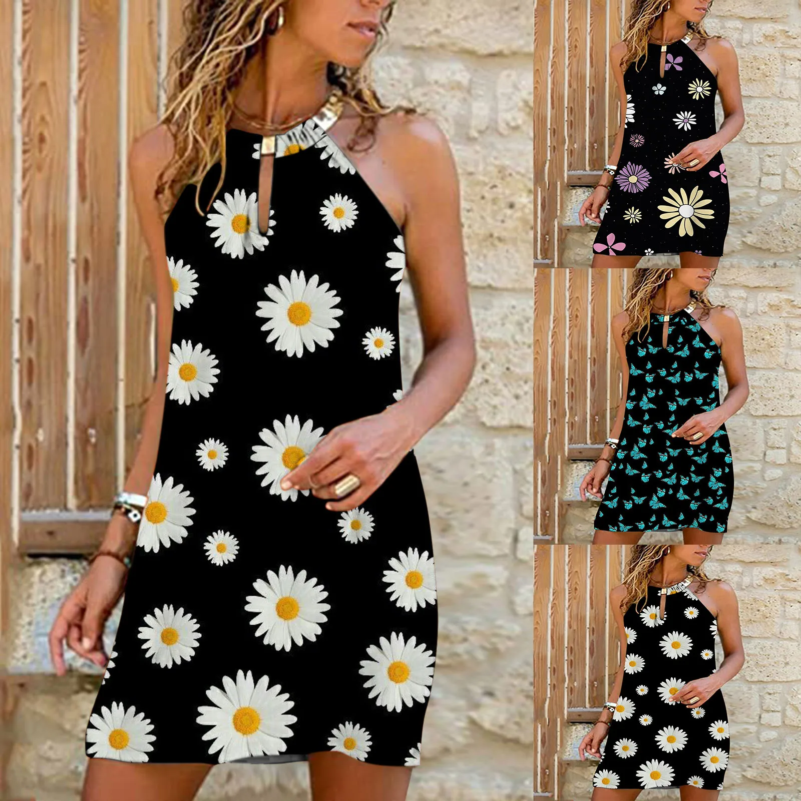 

53# Women's Summer Mini Dress Fashion Metal Hanging Neck Printed Sleeveless Casual Beach Dress Female Halter Dresses Vestido