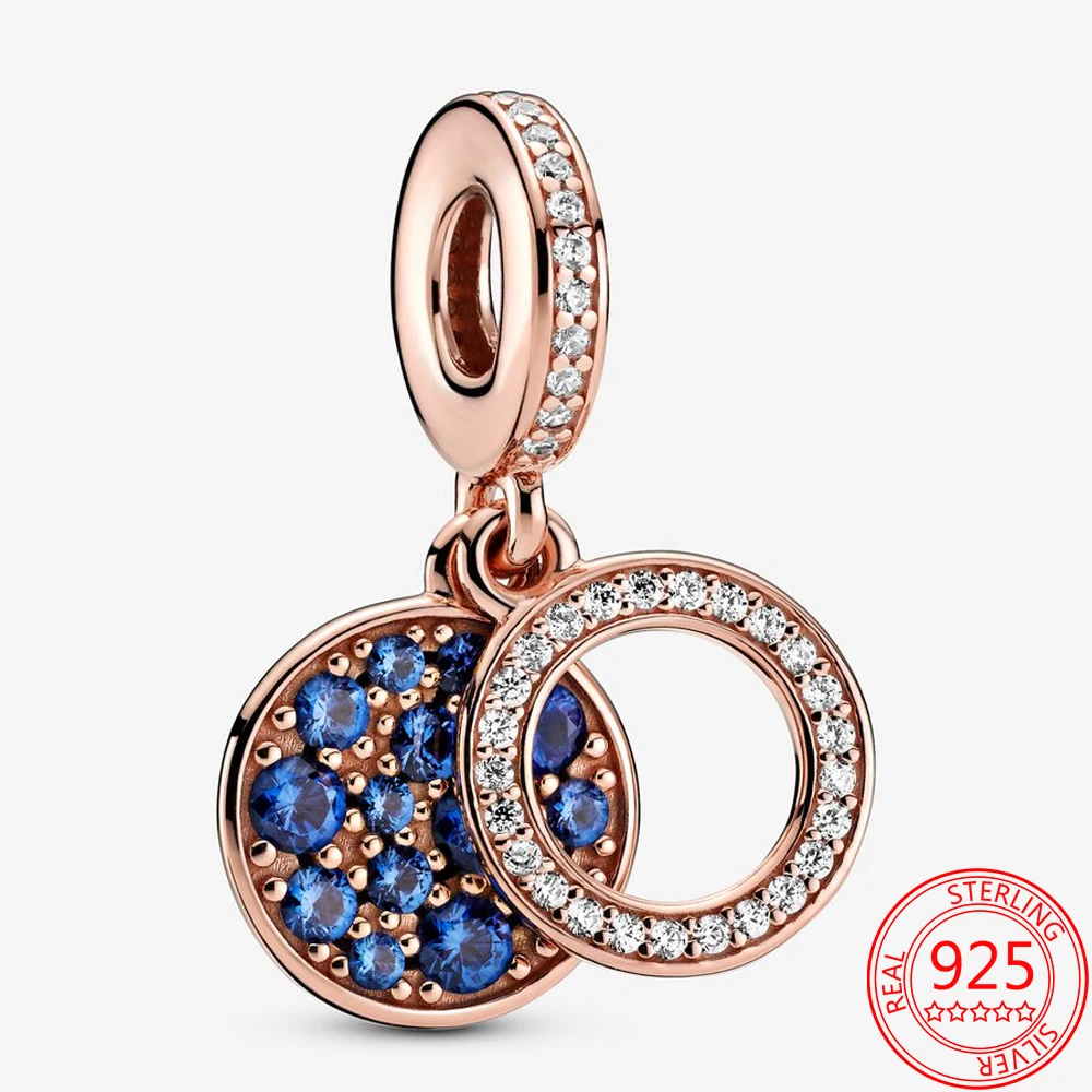 

Classic 925 Sterling Silver Pendant Sparkling Blue Gold Disc Double Charm Fit Brand Bracelet Ladies Exquisite Gift