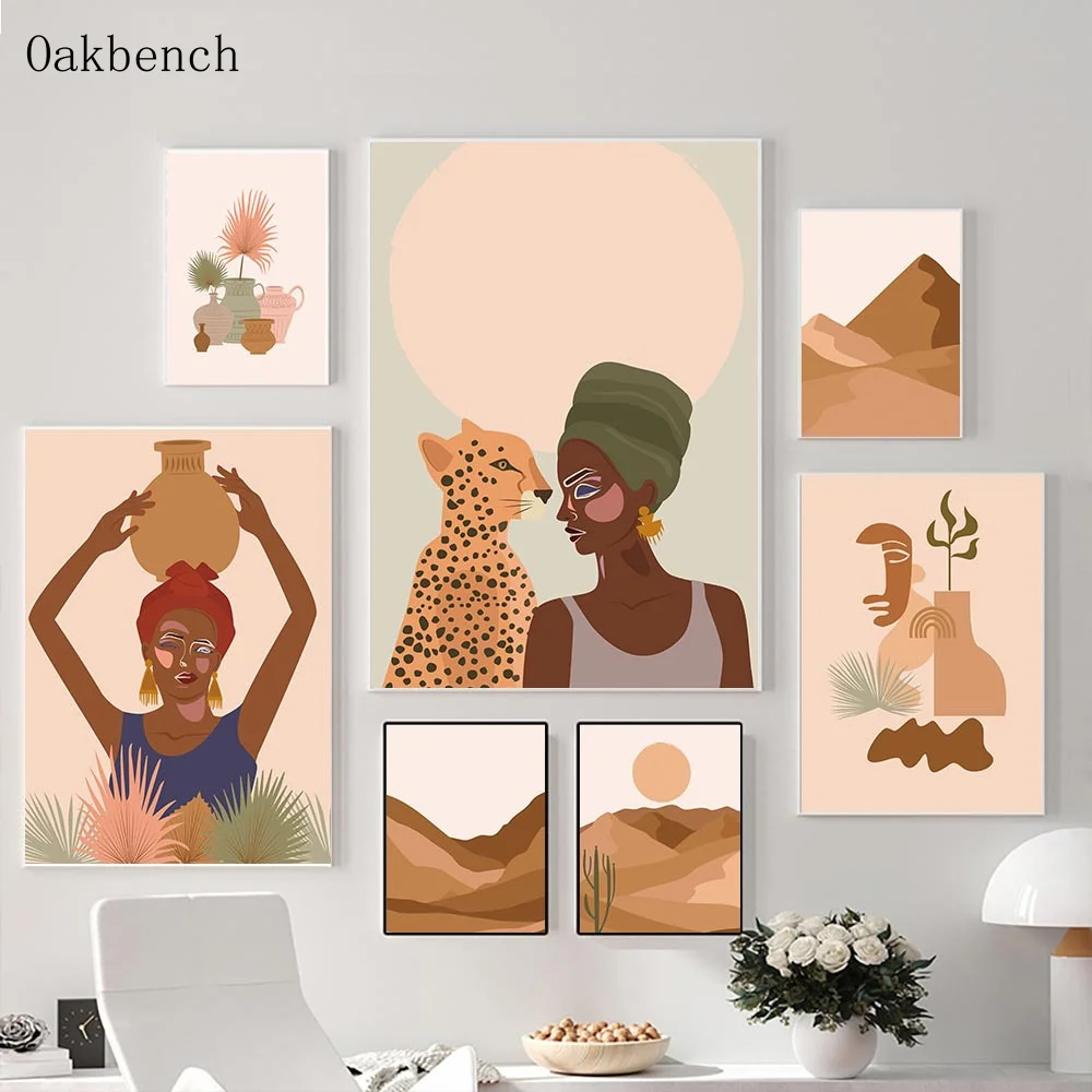 

Abstract Wall Art Painting Woman Leopard Poster Mountain Plant Print Boho Posters Vintage Wall Pictures For Living Room Decor