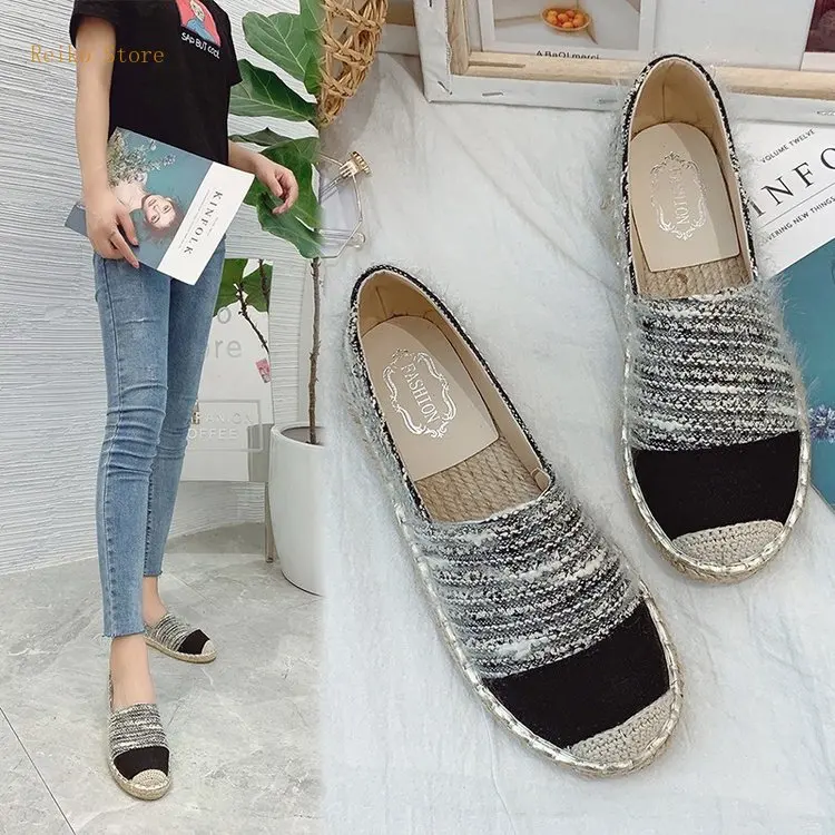 

2021 New Trendy Linen Low Heel Fisherman Shoes Women's Summer Breathable Platform Straw Shoes Women's Flat Slip-on Lofter Shoes