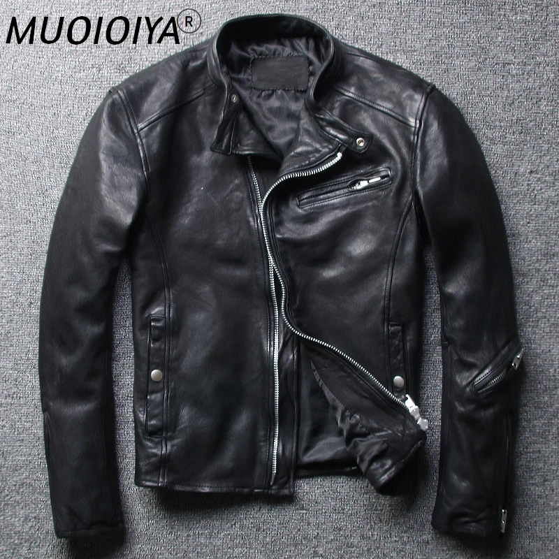 

2021Genuine Leather Jacket Men's Sheepskin Short Slim Leather Jacket Motorcycle Leather Jacket