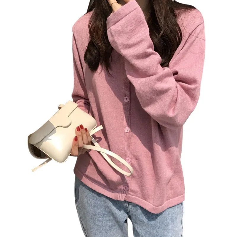 Модный новый свитер свободный тонкий яркий однотонный вязаный кардиган с