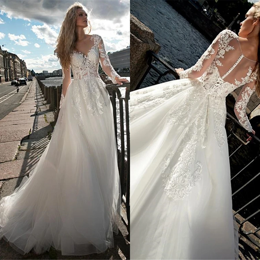Custom Made White Tulle Wedding Gowns Decorated With Beading Applique Lace Dress Long Sleeve vestido de noiva Bride Dre | Свадьбы и