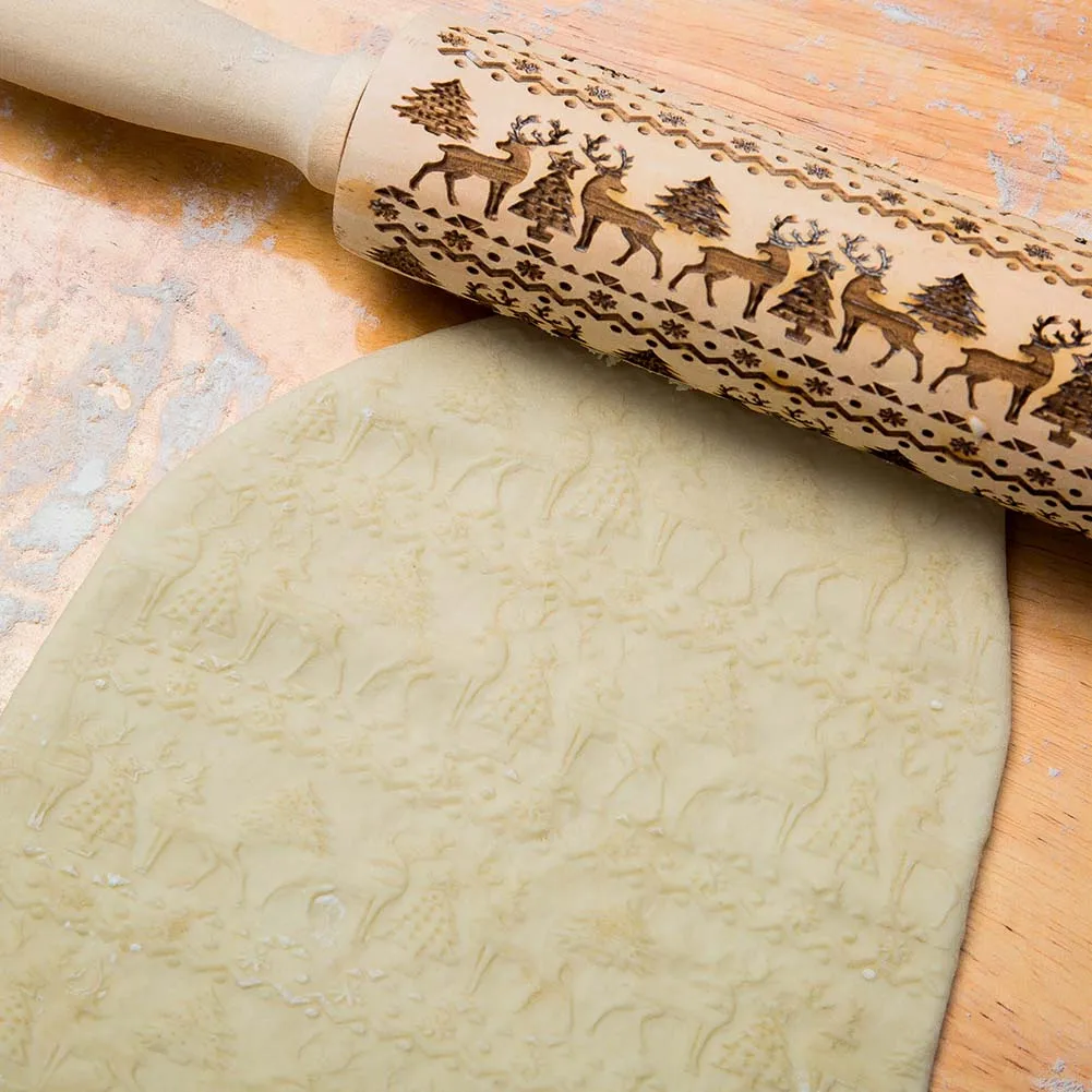 

Christmas Rolling Pin Engraved Carved Wood Embossed Rolling Pin Kitchen Tool FPing