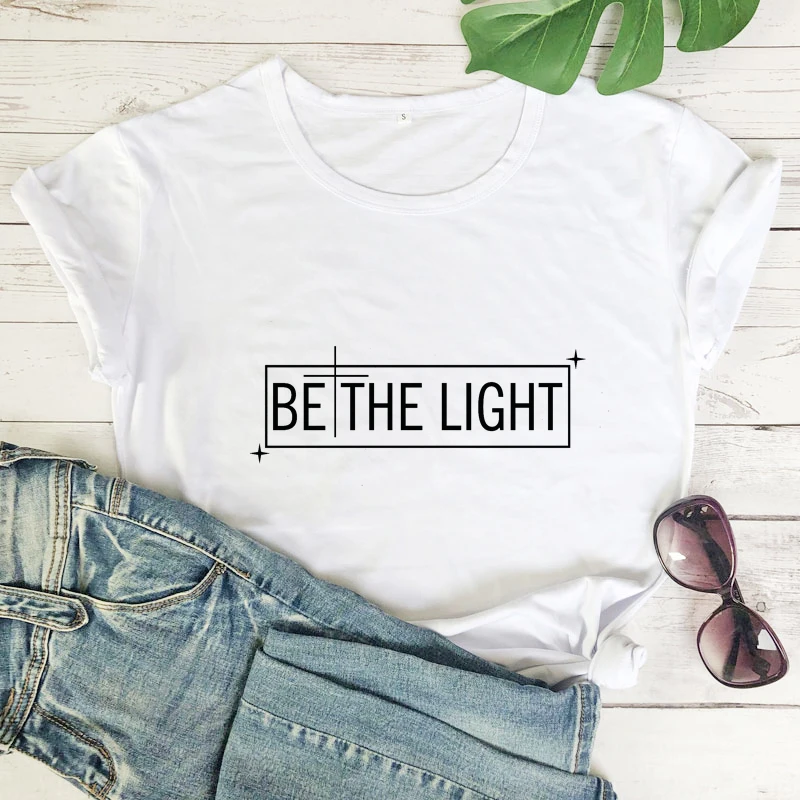 

100% Cotton Be The Light Christian T-shirt Religious Women Church Bible Tee Shirt Top Casual Unisex Inspirational Quote Tshirt