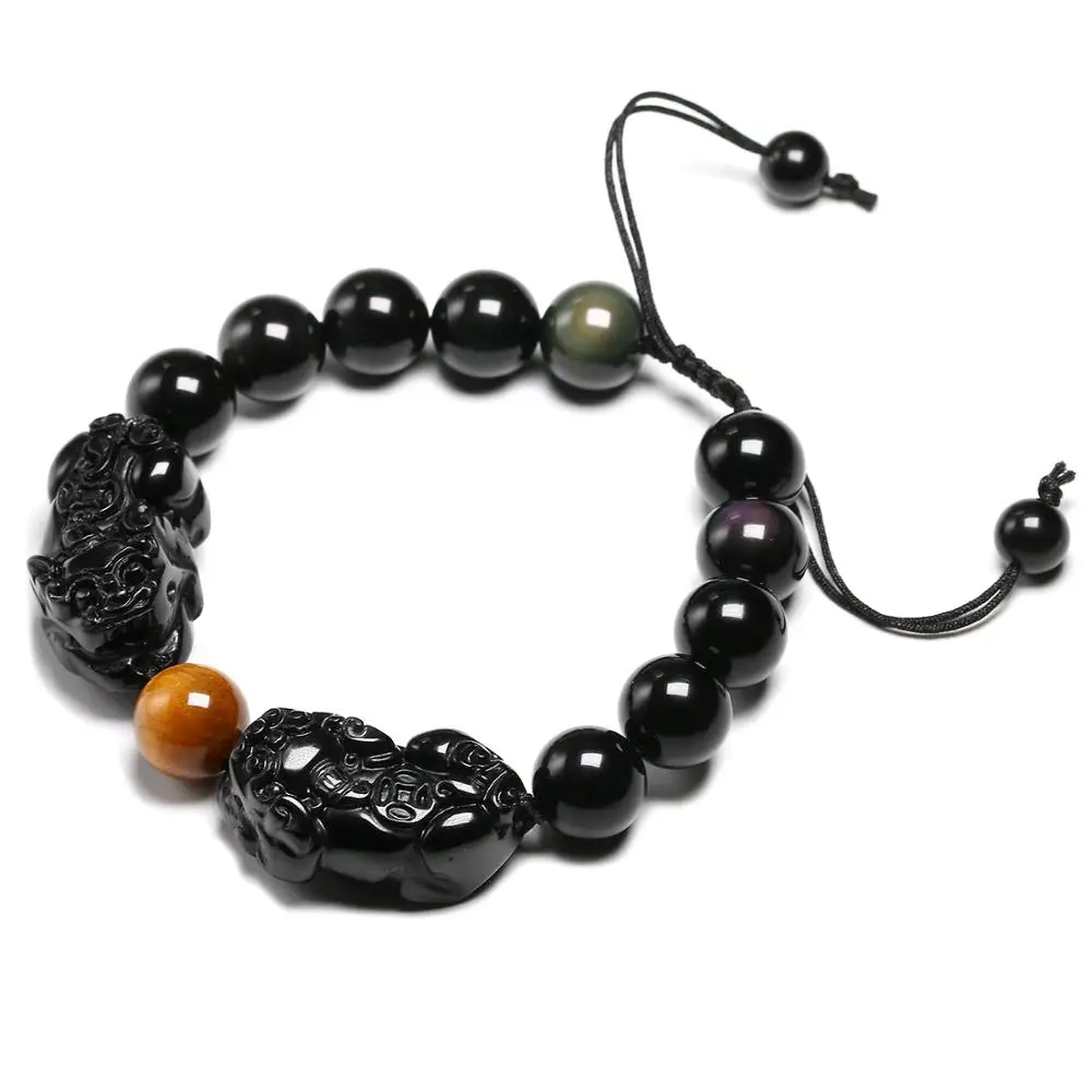 Браслет из натурального камня черного обсидиана с тигровым глазом и двойным Pixiu